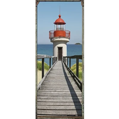 Image de Sticker mural décoratif 204 cm X 83 cm, trompe l&#039;oeil ponton et phare, vue sur mer, pour porte, décoration intérieure.