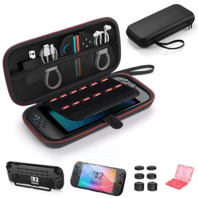Image de ByDiffer Étui pour Nintendo Switch 2 Accessoires Kit 14 en 1 avec Verre Trempé, de Protection Transparent, 6 Bouchons Joystick, étui Carte Jeu, Sac Voyage, Noir