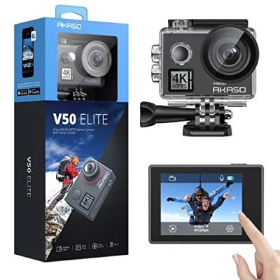 Image de AKASO Caméra Sport 4K 60fps 20MP WiFi Télécommande Commande Vocale Ecran Tactile EIS Sportive Etanche sous Marine Angle Vision Réglable 8X Zoom 2 Batteries et Kit d&#039;Accessoires V50 Elite