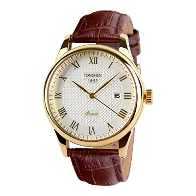 Image de Homme Montres Bracelet Mode Analogique Quartz Montre Or Bordure Acier Inoxydable et Marron Cuir Bande Romaine Numérique Cadran Classique Robe Simple Désign Date Calendrier