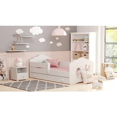 Image de KOBI Lit Enfant FALA Blanc avec Rangement é Tiroir 160x80 cm Garcon Petite Fille Lits pour Enfants Un Matelas et Cadre Meuble la Chambre Bebe Simple Barriere