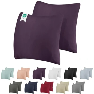 Image de BARBONS Housse d’Oreiller 80x80 Lot de 2 165 g/m² Certifié Oeko TEX, Coussin en Coton Jersey 100%, Taies Douces avec Fermeture Éclair (80x80 Aubergine)