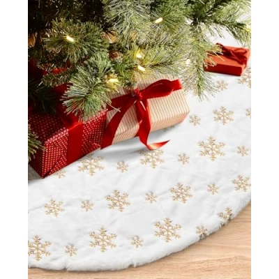 Image de COOLWUFAN 48 inches/122cm Jupe de Sapin Noël pour Arbre Décorations Fête Vacances Blanc en Peluche Doré Sequin Flocon Neige