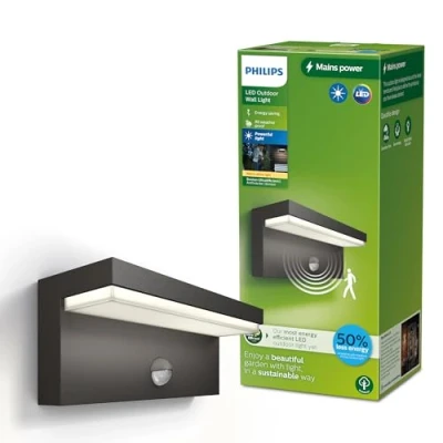Image de Philips Bustan Applique d&#039;extérieur UltraEfficient, 3,8 W, lumière blanche chaude 2700 K, anthracite, détecteur de mouvement, IP44 résistante aux intempéries