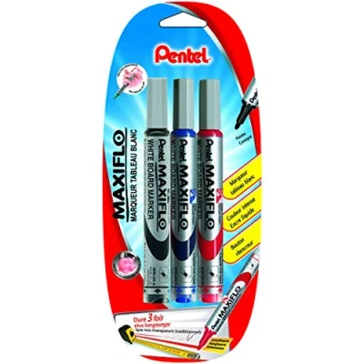 Image de Pentel Maxiflo Lot de 3 marqueurs tableau blanc Pointe ogive moyenne Encre liquide Noir, Bleu, Rouge