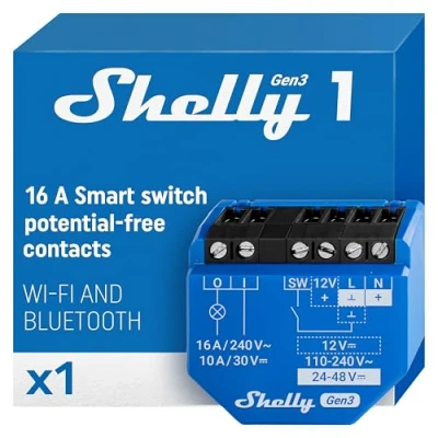 Image de Shelly 1 Gen3 Interrupteur/Commutateur connecté avec contacts secs, Wi Fi et Bluetooth, Commande à distance éclairage par app, Compatible Alexa Google Home, Aucun Hub Requis, 8MB Chip