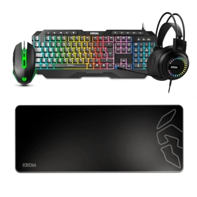 Image de KROM KARRIER Gaming Pack Clavier à membrane RGB Rainbow LED, 19 touches Anti Ghosting, souris optique 3600 dpi, casque stéréo 50mm, tapis de en caoutchouc antidérapant XXL, layout, noir