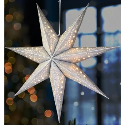 Image de BRUBAKER Étoile de Noël 3D à Suspendre Papier Fenêtre avec Douille E14 60 cm Modèle Déco l&#039;Avent Set Lumineuse 3,5 m Câble Suspendue Argent