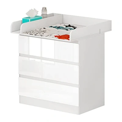 Image de WOLTU Table à Langer Commode Bébé Plan avec 3 Tiroirs Meuble Enfant en Bois d’ingénierie et MDF, Blanc