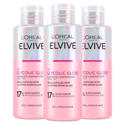 Image de L&#039;Oréal Paris Elvive Glycolic Gloss 5 minutes de traitement plastification à l&#039;acide glycolique pour cheveux ternes et poreux, brillance intense longue durée 3 flacons 200 ml