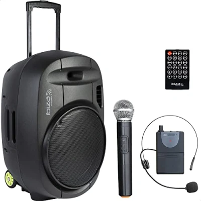 Image de Ibiza PORT15VHF MKII TWS Enceinte Portable de 15/800W Max avec 2 micros (VHF), télécommande et Pochette Accessoires Bluetooth, USB, SD &amp; Autonomie 6 à 8h