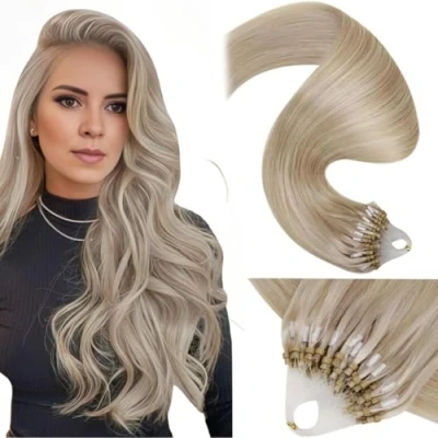 Image de LaaVoo Extension Cheveux Naturel Micro Ring Bleach Blonde Balayage Loop Cendrée Mixte 14Pouces/35cm Humain 50g #18/613