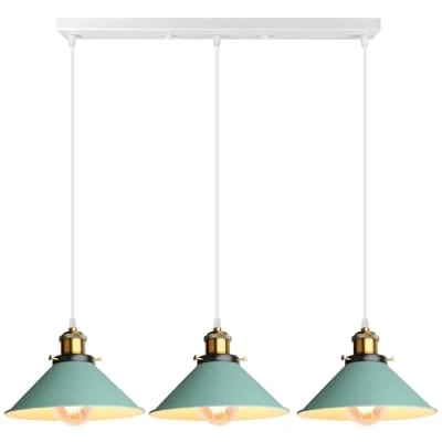 Image de iDEGU 3 Lampes Suspension Luminaire Industrielle Lustre Plafonniers Design Edison Métal Vintage avec Support en Barre, Ø 220mm, Vert