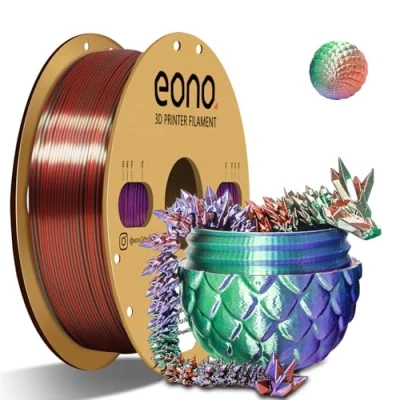 Image de Eono filament PLA de coextrusion triple couleur 1,75 mm pour imprimante 3D et stylo 3D, multicolore comme l&#039;arc en ciel, 2,2 lb (1 kg). Soie Vert/Violet/Cuivre
