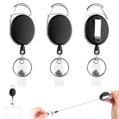 Image de 3 Pièces Porte Clef Retractable Mousqueton, MXTIMWAN Rétractable Badge Enrouleur Cable Acier 60cm clés Badges Reel Clip Robuste Avec Ressort Renforcé