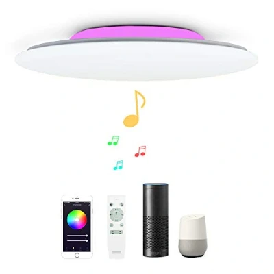 Image de 36W Φ40cm Plafonnier Led Compatible Amazon Alexa Google Assistant Luminaire Wifi Intelligent Avec Musique Haut Parleur Bluetooth Telecommande Pou Chambre Salon Reglable Dimmable Couleur Changeante