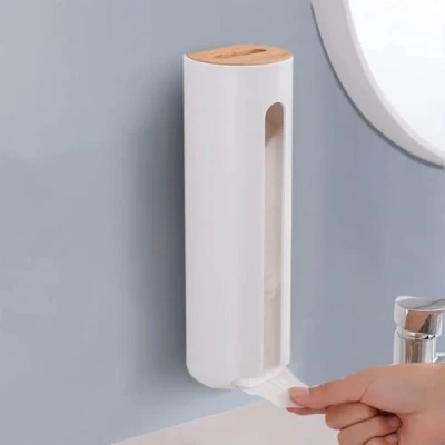 Image de FemKey Porte Coton à Démaquiller, Distributeur Sans Forage, Boîte de Rangement pour Cotons avec Couvercle en Bois, Support Mural Démaquillant.