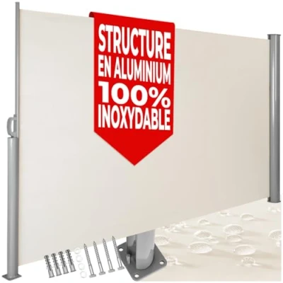 Image de tectake® Store Brise Vue Jardin Retractable Multi Fonction latéral Enroulable Soleil Paravent Exterieur Opaque en Aluminium banne pour Terrasse Beige 180 x 300 cm