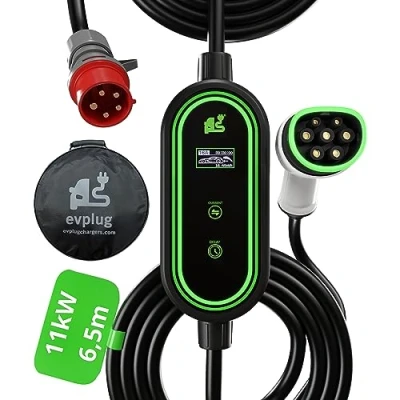 Image de EVPLUG® Chargeur de Voiture électrique 11 KW 6 16 A 6,5 mètres, EV Type 2 avec Prise CEE triphasée, Portable Affichage Numérique Contrôlable