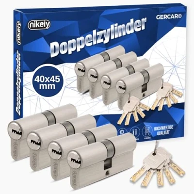 Image de GERCAR Pro Lot de 4 cylindres serrure, massifs, à profil identique, double cylindre, en laiton mat, avec 10 clés, clé réversible, longueur : 85 mm, A 40 B 45