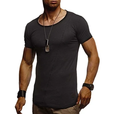 Image de Leif Nelson LN8209 T shirt d&#039;été, à col rond, pour homme, moderne, coupe slim, en coton, manches courtes, longue, Noir , XL