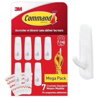 Image de Command Crochet Standard Moyen Modèle, Blanc Lot de 7 Crochets et 10 Languettes Moyennes Pour Accrocher Décorer Sans Abîmer