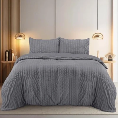 Image de Utopia Bedding Seersucker Housse de Couette 200x200 cm avec 2 Taies d&#039;oreiller 50x75 (Gris) Parure Lit Ensembles Housses en Microfibre brossée Douce