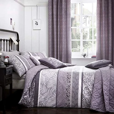 Image de Dreams &#039;n&#039; Drapes Hanworth Parure de Lit réversible Motif Rayures/Feuilles Gris Anthracite Simple, chiné, Single Duvet Cover Set