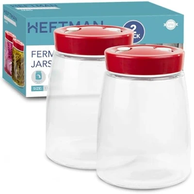 Image de HEFTMAN Bocal En Verre Pot de fermentation Évent D&#039;évacuation D&#039;air À 1 Voie 1.4l Paquet 2 avec Couvercle Idéal pour une sécurisée kéfir, kimchi, choucroute, levain