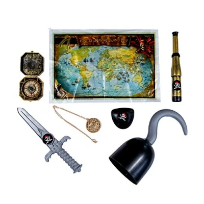 Image de TRIXES Déguisement Accessoires pour Enfant du Parfait Petit Pirate avec Un Crochet, Une dague, Boussole, Carte au trésor, Cache œil, Longue Vue et médaillon