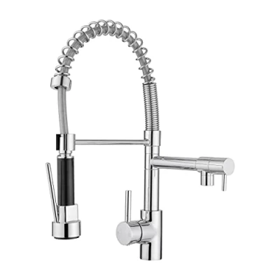 Image de JASSFERRY Mitigeur d&#039;évier de cuisine à ressort flexible levier unique avec douchette extractible haut arc, bras oscillant monobloc chromé (deux becs)