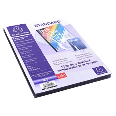 Image de Exacompta Réf. 42542E Paquet de 100 plats en PVC 20/100ème cristal lisse haute transparence pour couvertures transparentes permet relier et présenter des dossiers au format A4