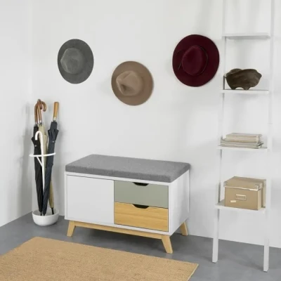 Image de SoBuy FSR92 W Banc de Rangement Meuble d&#039;entrée Commode Armoireà Chaussures Banquette Confortable avec Coussin Rembourré, 2 Tiroirs et 1 Porte 80 x 38 51 cm
