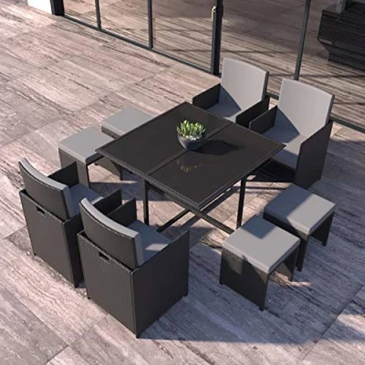 Image de CONCEPT USINE Salon De Jardin Florida 8 Personnes en Résine Tressée Noir 1 Table Verre 4 Fauteuils Poufs Coussins Gris Foncé Encastrable, Résistant, Imperméable