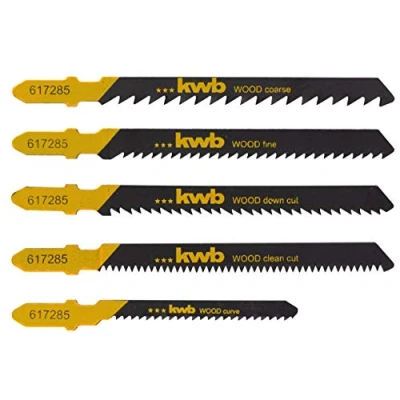 Image de kwb Jeu de 5 lames scie sauteuse pour bois, des coupes grossières, fines et propres, y compris lame plan travail courbe (Down Cut) à queue en T S 20 / une came