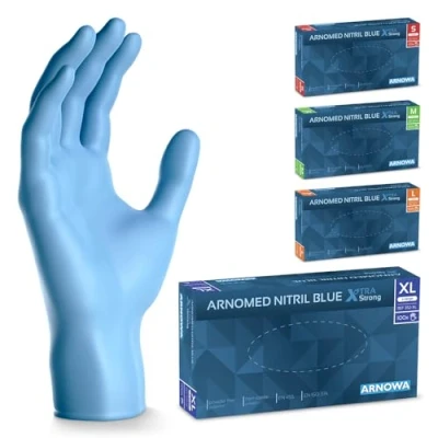 Image de ARNOMED Gants jetables Bleu Extra Fort, nitrile taille XL, 50% plus épais, 100 p./boîte, non poudrés, en mecanique sans latex, gant jetable tailles S, M, L &amp; XL