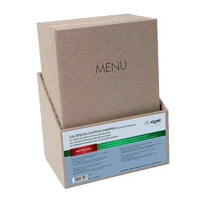 Image de SIGEL SM208 Lot de 10 Protège menus à cordon élastique avec 2 pochette transparent pour 8 feuilles DIN A4 et boîte rangement, gaufrage Menu, beige foncé