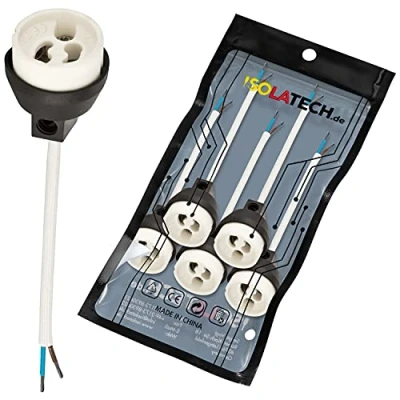Image de ISOLATECH GU10 ignifuge douilles en céramique VDE RoHS 230 250 Volt 2A max.100W 0,75mm 2 câbles LED halogène (ici : 5 pièces)