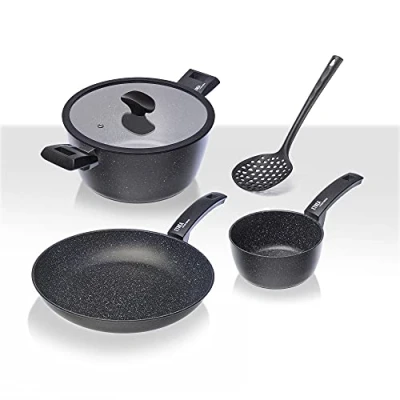 Image de Moneta Etnea Smart Set de 3 Casseroles et Poêles avec couvercle spatule, Revêtement anti adhésif rayures surface en pierre, Lavable au lave vaisselle
