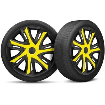 Image de Moltico Enjoliveur Set de 4 Universel Enjoliveurs Adapté à Toutes Roues en Acier pour Auto Anneau Sécurité Réglable 16 Pouces Jaune Noir
