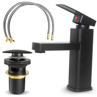 Image de MSC mitigeur noir avec design à levier unique, robinet de lavabo mat, convient comme vestiaire, comprend bonde et tuyaux pop up, d&#039;évier salle bain