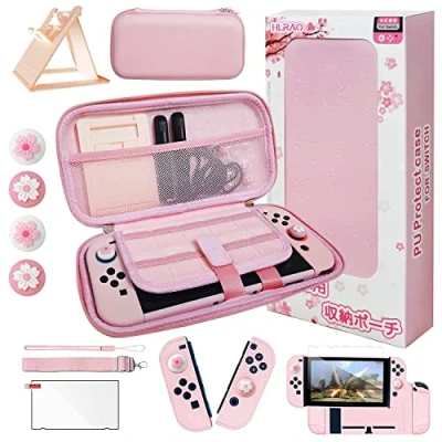 Image de HLRAO Kit d&#039;accessoires pour étui de transport rose Sakura compatible avec Nintendo Switch.Housse protection interrupteur rose, support réglable,protecteur d&#039;écran et jolies poignées pouce.