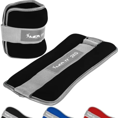 Image de MOVIT lot de 2 manchettes poids en néoprène avec matériau réfléchissant, choix tailles et couleurs, option insert tissu éponge, pour poignets chevilles, 2,0 kg noir