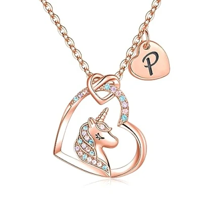 Image de TINGN Collier Licorne Cadeaux pour Filles, Pendentif en Or Rose 14 Carats Chaîne avec Lettre Enfants Initiale P Colliers Filles Bijoux