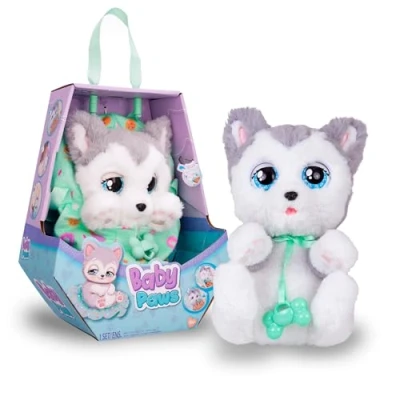 Image de BABY PAWS HUSKY avec Sons d&#039;Ouverture et de Fermeture des Yeux, Inclut une Couverture Personnalisée Peluche Interactive Chiots Endormis Jouet Cadeau pour Garçons Filles 18 Mois Plus