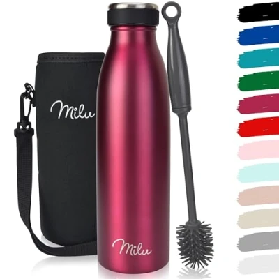 Image de Milu Gourde en acier inoxydable 350 ml 500 ml, 750 1000 1,5 l bouteille isotherme, d&#039;eau isolée, double paroi anti fuite, convient aux acides carboniques (Berry, ml)
