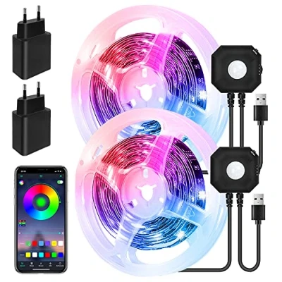 Image de Bandes LED 3M,Lampe de lit avec Détecteur Mouvement PIR,Bande RVB,Barre lumineuse Activée par le Bluetooth APP,veilleuse Mouvement,Veilleuse Bébé,Chambre(2 pcs)