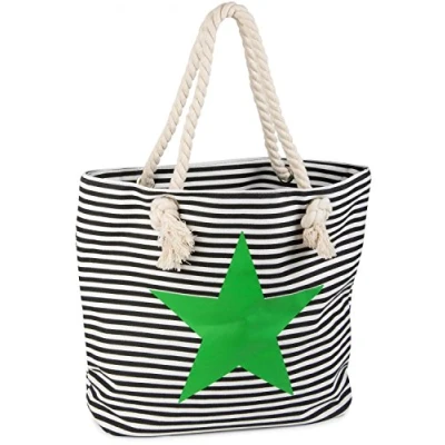 Image de styleBREAKER Sac de Plage à Rayures avec Motif d`étoile, Besace, Shopper, Femmes 02012037, Couleur:Noir Blanc/Vert