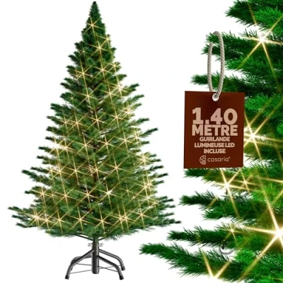 Image de CASARIA® Sapin de Noël Artificiel 140 cm Vert Guirlande Lumineuse LED Arbre Imitation Parfaite PE 470 Branches Pied métal décoration réutilisable