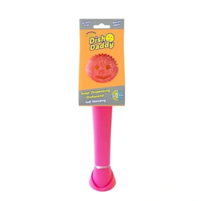 Image de Scrub Daddy Dish Brosse Vaisselle avec Reservoir, Eponge Grattante FlexTexture, Manche Intégré Distributeur Liquide Vaisselle, et Stand de Support Rose